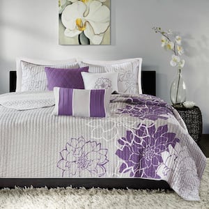 Brianna Taupe Grey/Purple Cotton King/Cal King Printed Quilt Set