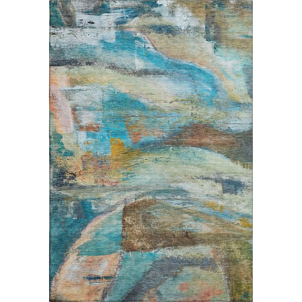Mayfield Premium Machine Washable Abstract AMF2039 Teal 9 ft. x 12 ft. Area Rug