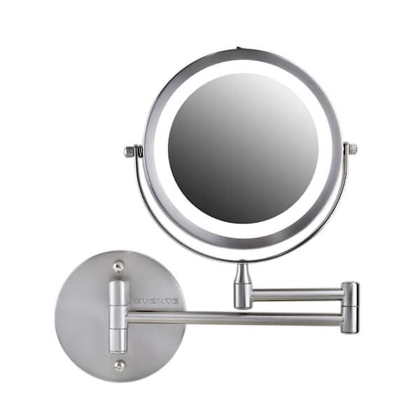 Ovente Small Round Nickel Brushed, 10x Magnifying Mirror With Light Wall Mount