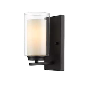 1-Light Matte Black Wall Sconce with Inner White and Outer Clear Glass Shade