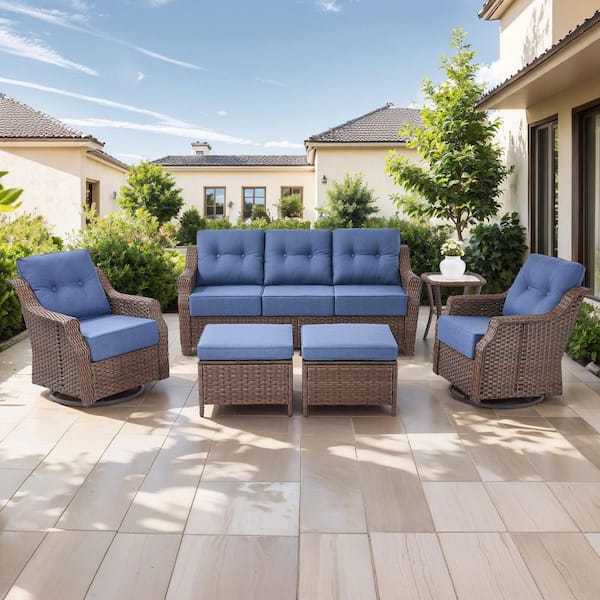 6-Piece Contemporary Brown Wicker Outdoor Swivel Rocking Chair Set with CushionGuard Blue Cushions