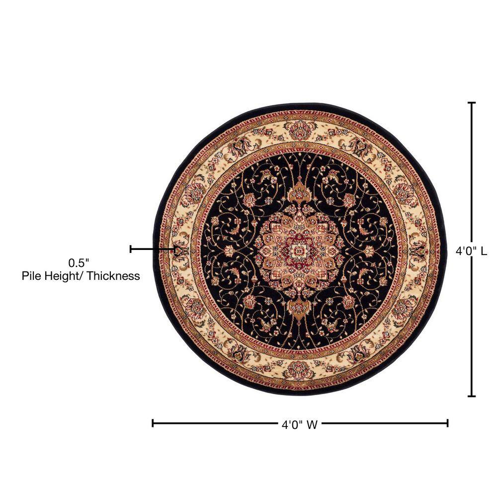 Elegant Floral Symphony Black/Ivory Synthetic Round Rug, 4' Diameter