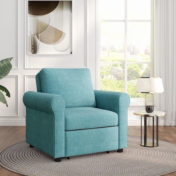35.8 in. Width Teal Linen Small Twin Size Sofa Bed, Convertible Sleeper Chair Bed