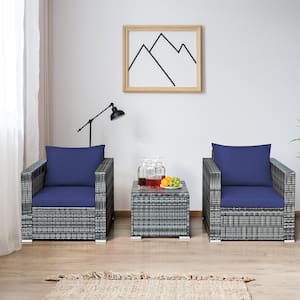 3-Piece Wicker Patio Rattan Furniture Outdoor Bistro Set with Navy Cushions Sofa Chair Table