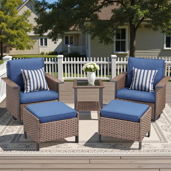 5-Piece Brown Wicker Patio Conversation Set with Glider Chairs, Outdoor Seating Set with Blue Cushions
