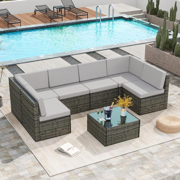Uixe 7-Piece Rattan 6-Person Wicker Outdoor Sectional Patio Conversation Seating Group with Gray Cushions and Glass Table