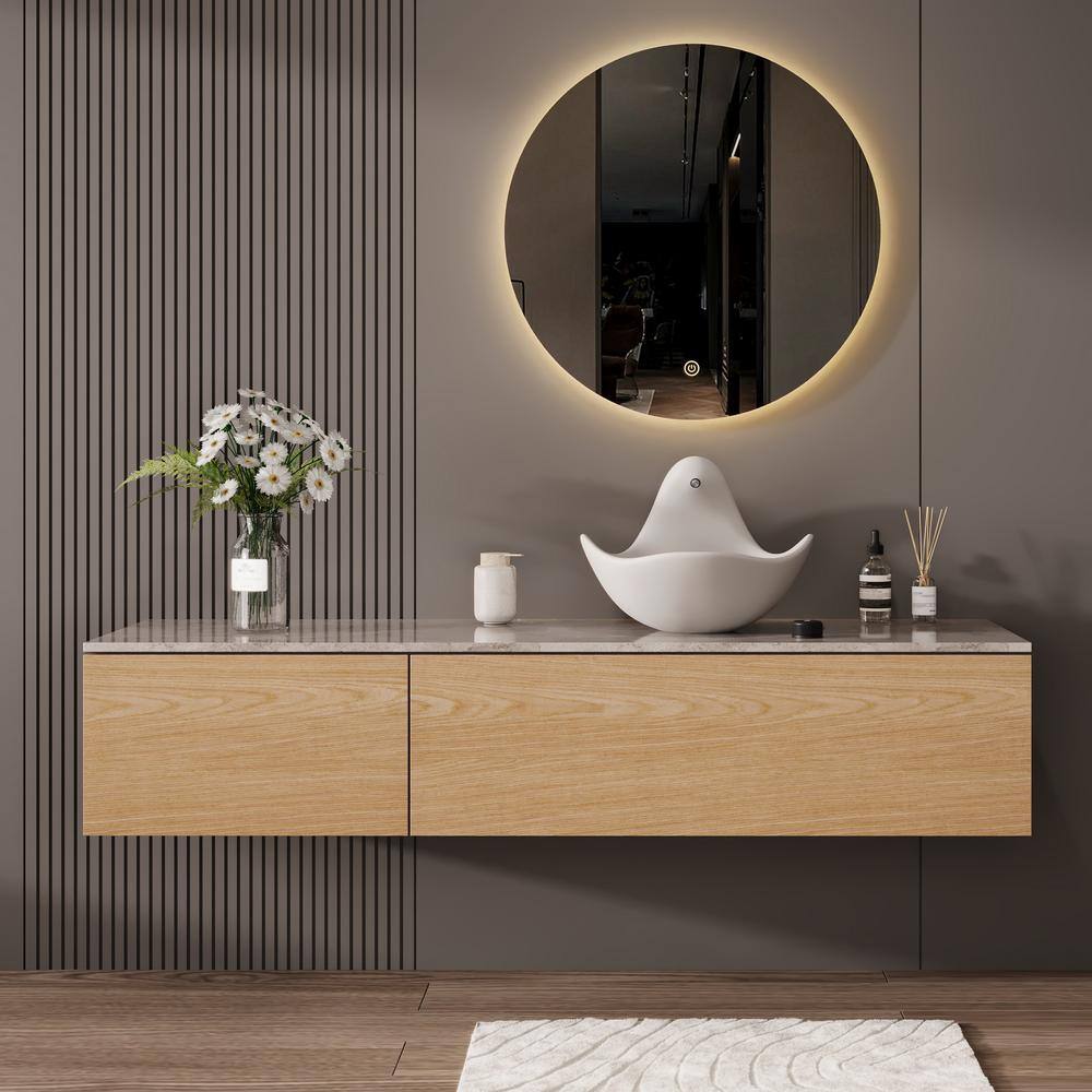 Gray White Concrete Vessel Sink with Built-In Faucet