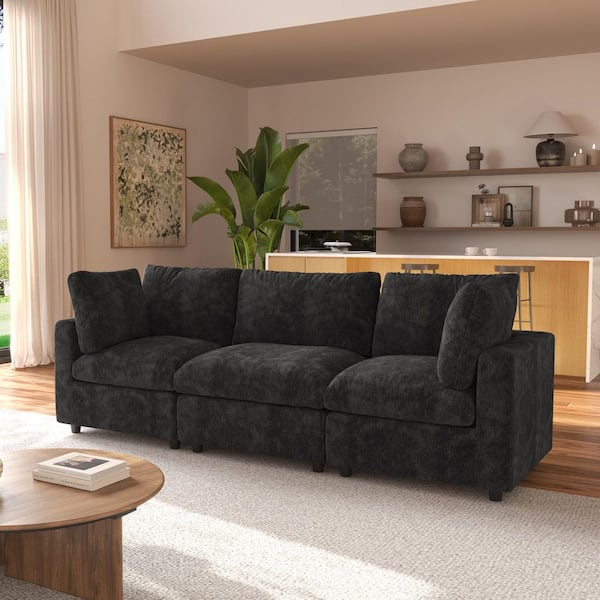 100.5 in. Square Arm Chenille Couch Modular Free Combination Sectional Sofa in Black 3 Piece