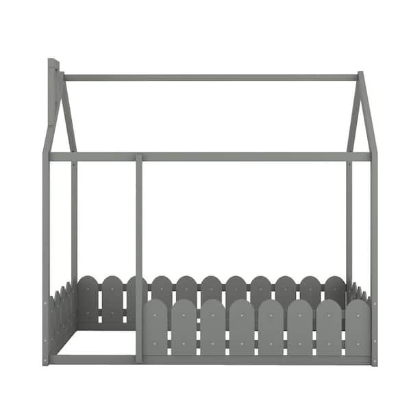 URTR Modern Gray Twin Size Wood Bed, House Bed with Roof and Fence for Kids, Box Spring Required (Slats are not included)