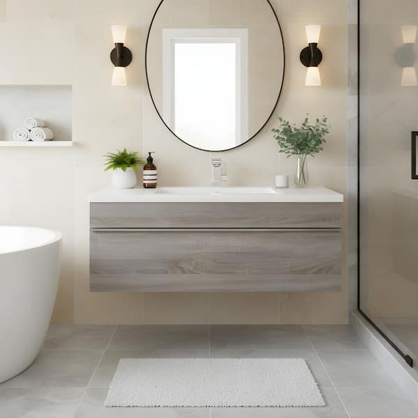 Trough 42 in. W x 16 in. D x 15 in. H Single Sink Wall Bathroom Vanity in Dorato with Cultured Marble Top in White