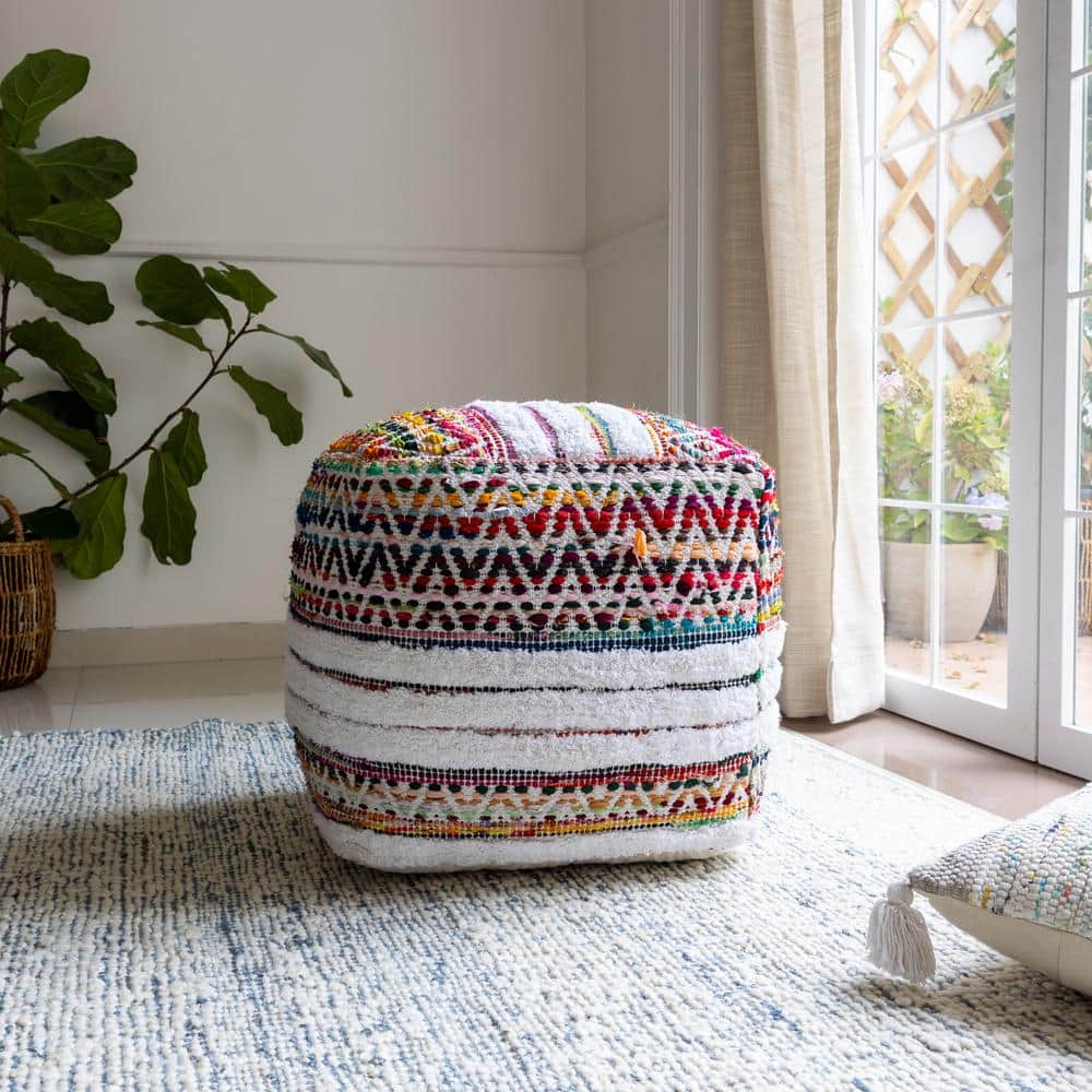 Chindi Multi/White Bohemian Chevron Hand-Made Cotton/Polyester Square Pouf