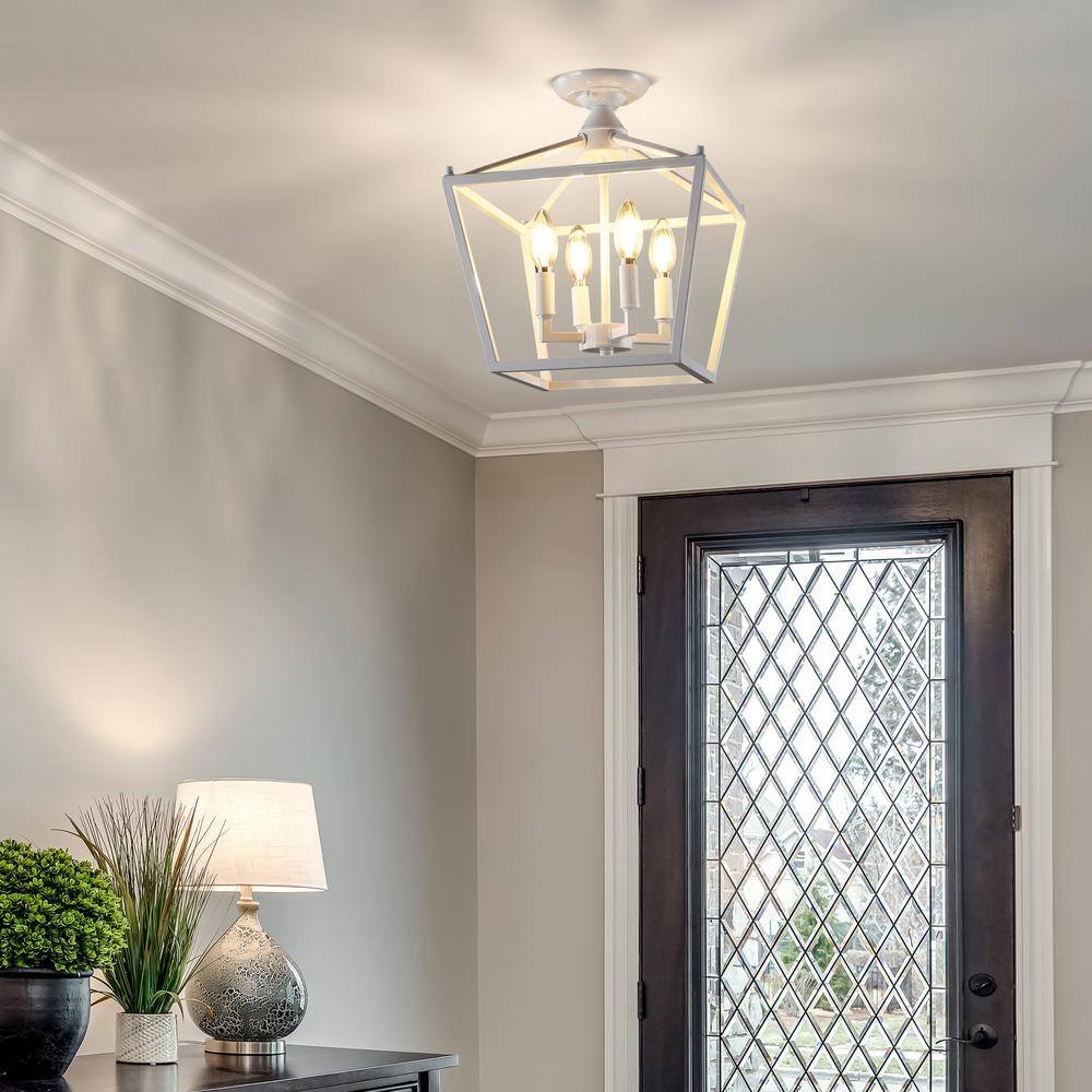 White Iron Farmhouse LED Lantern Flush Mount Light