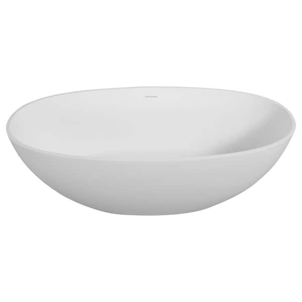 64.96 in. x 29.53 in. Flat Bottom Handcrafted Stone Resin Freestanding Soaking Bathtub with Center Drain in Matte White
