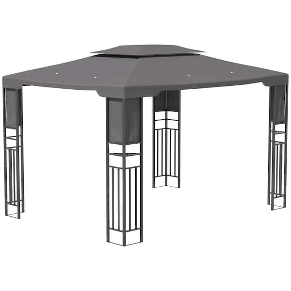 Outsunny 13 ft. x 10 ft. Grey Patio Gazebo Outdoor Canopy Shelter with Double Vented Roof, Storage Shelves, Steel Frame