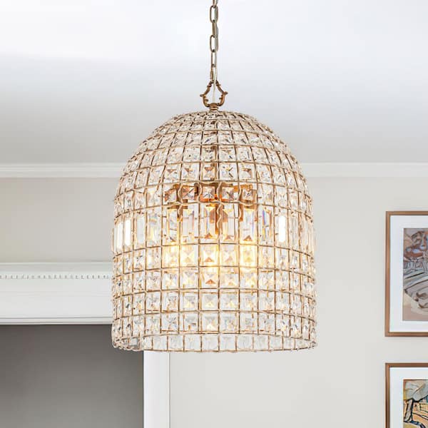 Cristal 16 in. W 3-Light Antique Brass Unique Cage Dome Chandelier Retro Pendant with Crystal Accents for Living Room