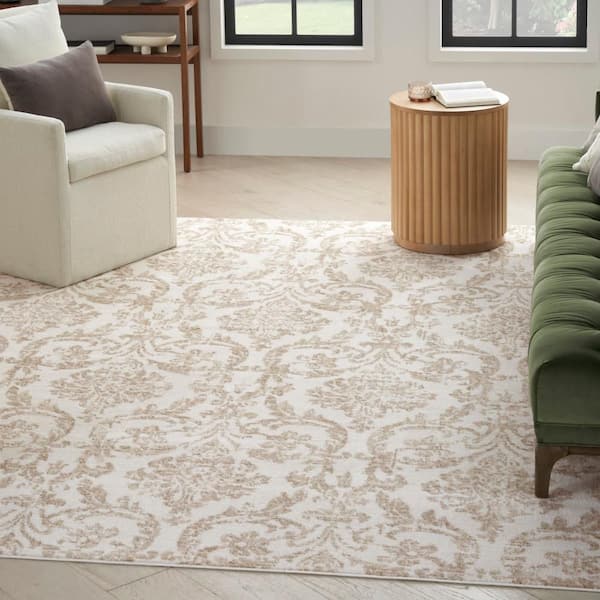 Jubilant Ivory Beige 10 ft. x 14 ft. Damask Transitional Area Rug
