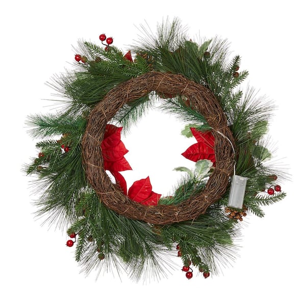 Glitzhome 2PK 9 ft. Pre-Lit Artificial Christmas Garland and 24 in. D Snow  Flocked Greenery Pine Poinsettia Christmas Wreath Set 2016000023 - The Home  Depot