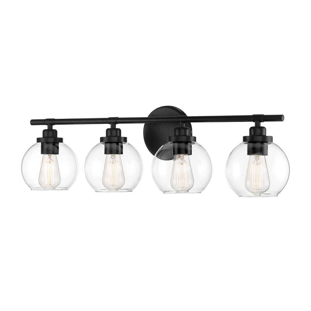 Matte Black 4-Light Bathroom Vanity Fixture with Frosted Glass Shades