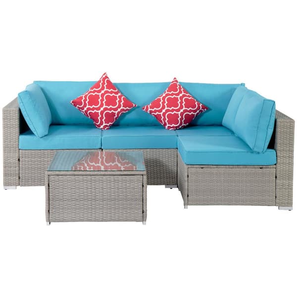 Tunearary 5-Piece Gray Wicker Outdoor Patio Conversation Sectional Sofa Set with 2 Pillows Blue Cushioned and Coffee Table