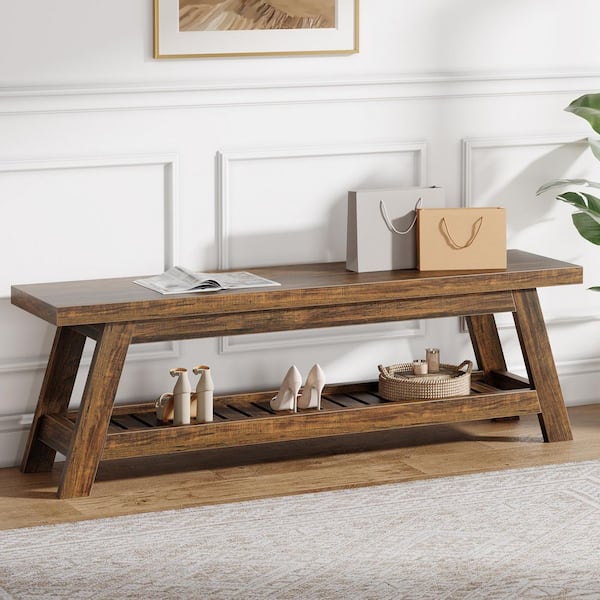 Brennan Wood Brown Rectangal Foyer Entryway Bench 2-Open Back Storage Shoe Shelves Indoor Home Office Farmhouse 55 in.