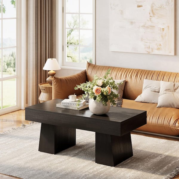 Kerlin 47 in. Black Rectangle Engineered Wood Coffee Table with Thick Base, Modern Accent Center Tables for Living Room