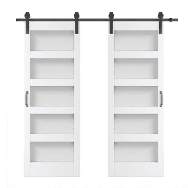TENONER 60 in. x 84 in. Frosted Glass, Primed White, MDF, 5 Panel, Painted Sliding Barn Door with Hardware Kit