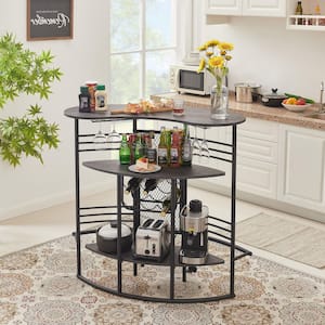 Home Bar Unit, Oval Bar Table with Wood Counter Top and Wine Rack Storage, Wine Bakers Rack for Dining Room, Gray