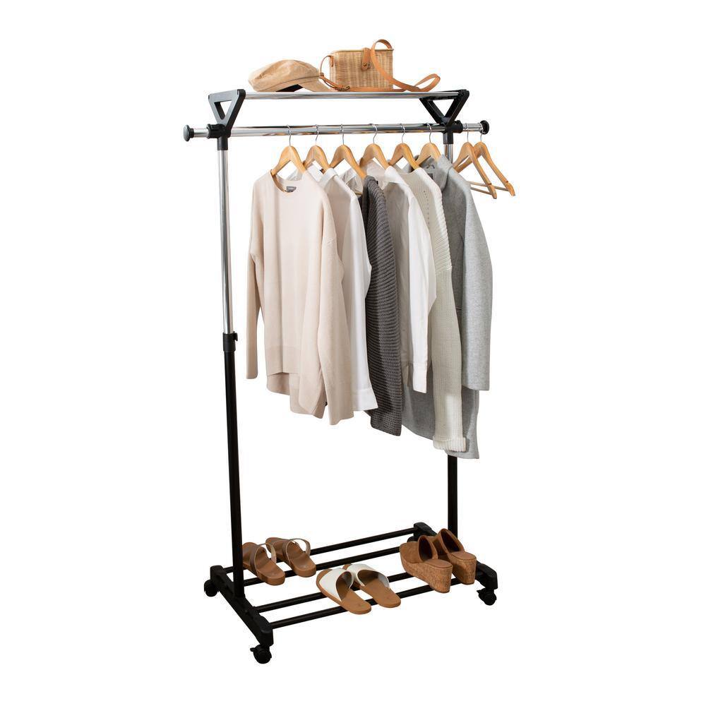 Adjustable Black and Chrome Steel Garment Rack with Shelves