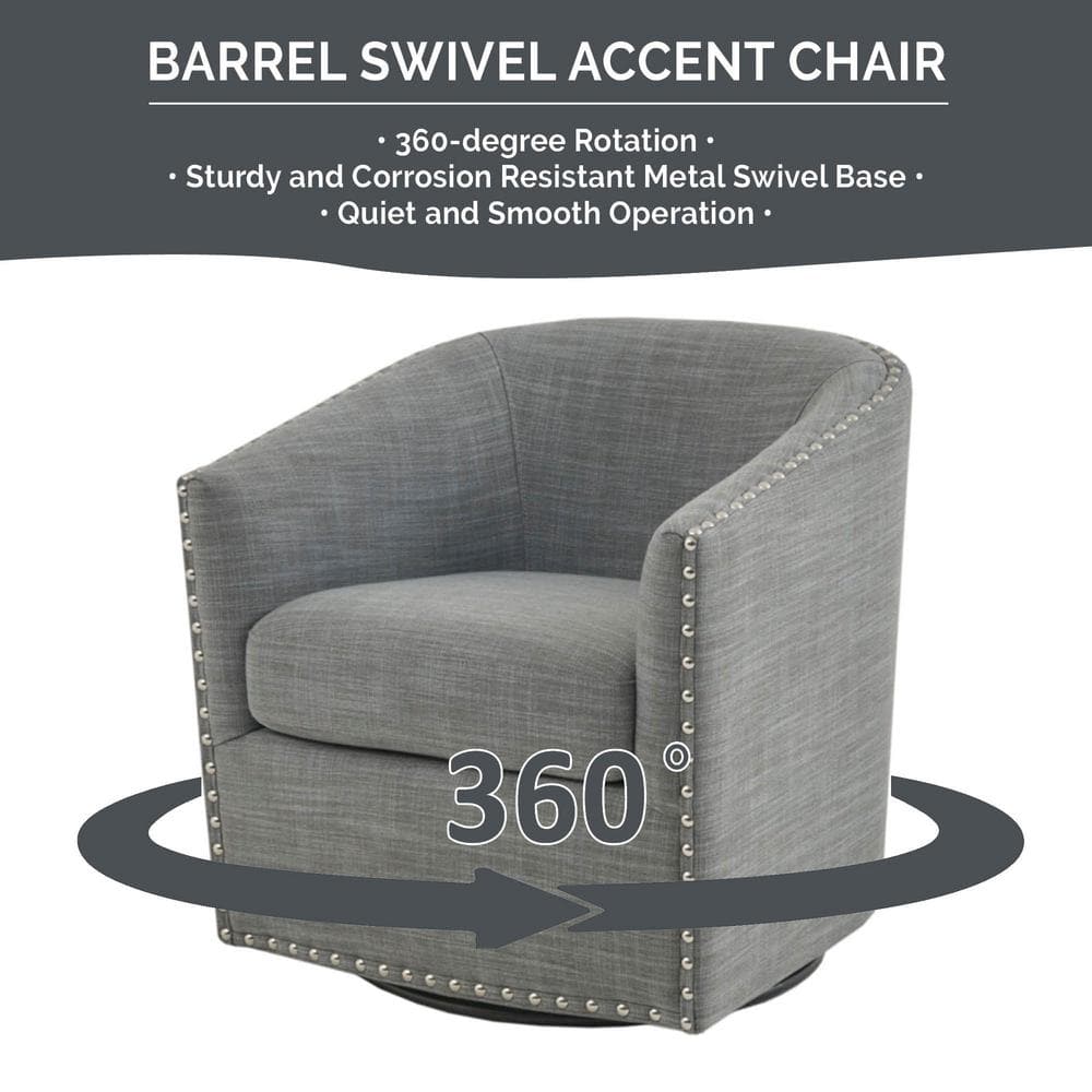 Elegant Gray Barrel Swivel Lounge Chair with Silver Nailheads
