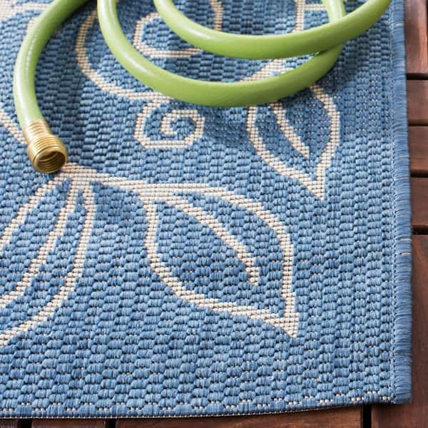 Courtyard Blue/Beige 2 ft. x 7 ft. Floral Indoor/Outdoor Patio  Runner Rug