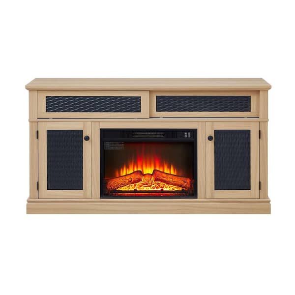 59 in. Freestanding Wood 23 in. Electric Fireplace Insert TV Stand with Storage Space and Sliding Door in Oak Brown