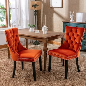Orange Modern Velvet Upholstered Dining Chair Tufted Nailhead Trim Side Chair with Wood Legs Set of 2