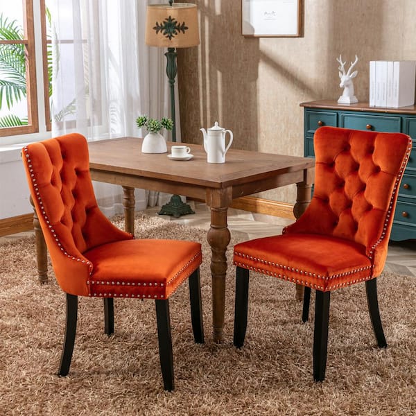 Unbranded Orange Modern Velvet Upholstered Dining Chair Tufted Nailhead Trim Side Chair with Wood Legs Set of 2