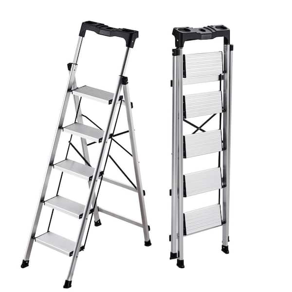 5 Step Ladder, Folding Step Stool with Wide Anti-Slip Pedal and Comfort Handgrip, 330 lbs. Aluminum Stepladder, Silver