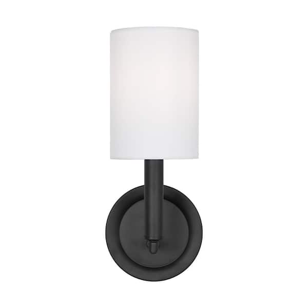SCOTT LIVING Egmont 1-Light Midnight Black Wall Sconce with White Linen Fabric Shade