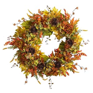32 in. Orange Fall Hydrangea, Ranunculus and Maple Leaf Autumn Artificial Wreath
