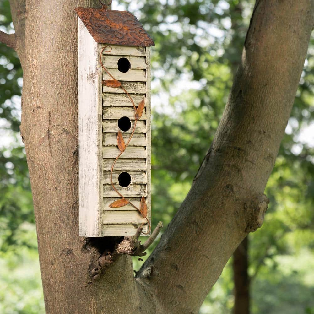 Distressed Off-White Three-Tier Wooden Birdhouse with Metal Roof