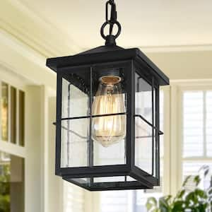 Modern Farmhouse Black Outdoor Hanging Lantern 1-Light Coastal Pendant with Seeded Glass Shade for Covered Patio Porch