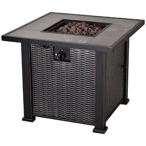 30 in. W x 24.6 in. H x 30 in. L Square Steel Propane Fire Pit Table with Beautiful Tabletop and Wicker Design