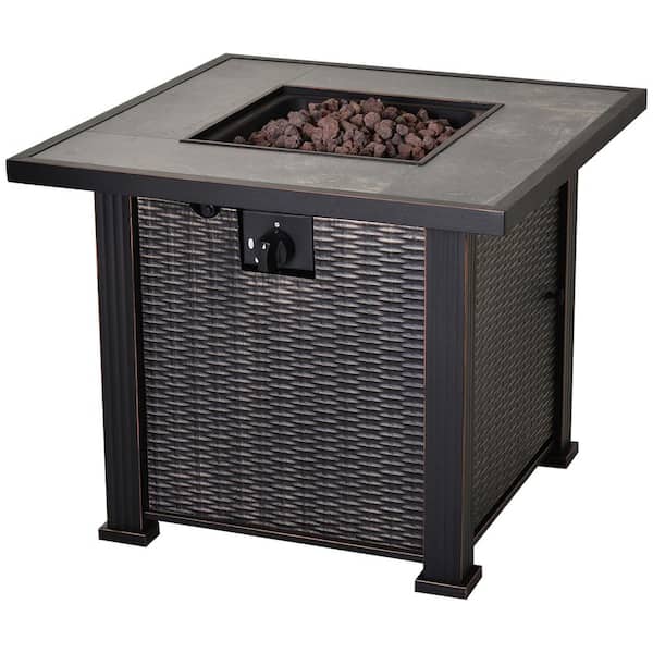 Outsunny 30 in. W x 24.6 in. H x 30 in. L Square Steel Propane Fire Pit Table with Beautiful Tabletop and Wicker Design