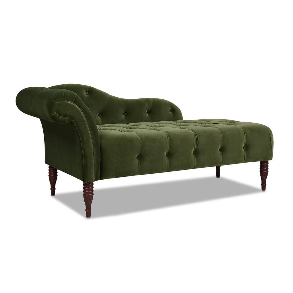Olive Green Velvet Tufted Chaise Lounge with Wood Legs