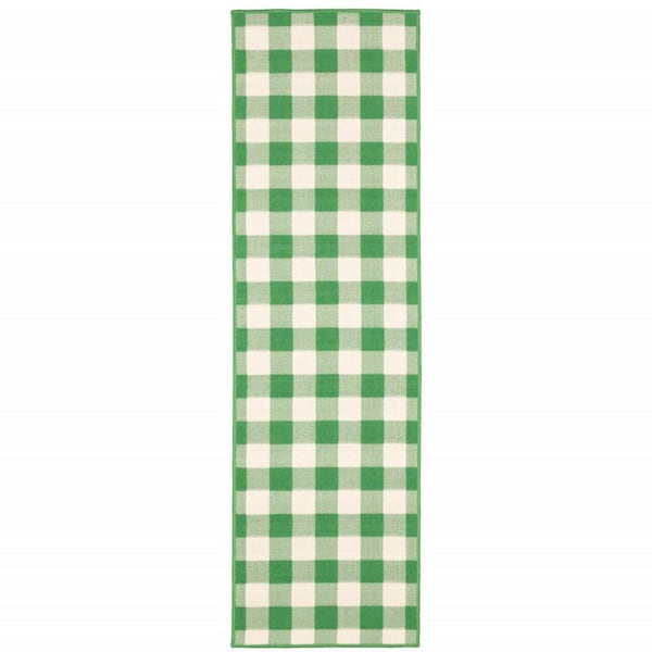Green, Ivory 2 X 8 ft. Loomed Geometric Polypropylene Rectangle Indoor/Outdoor Area Rug