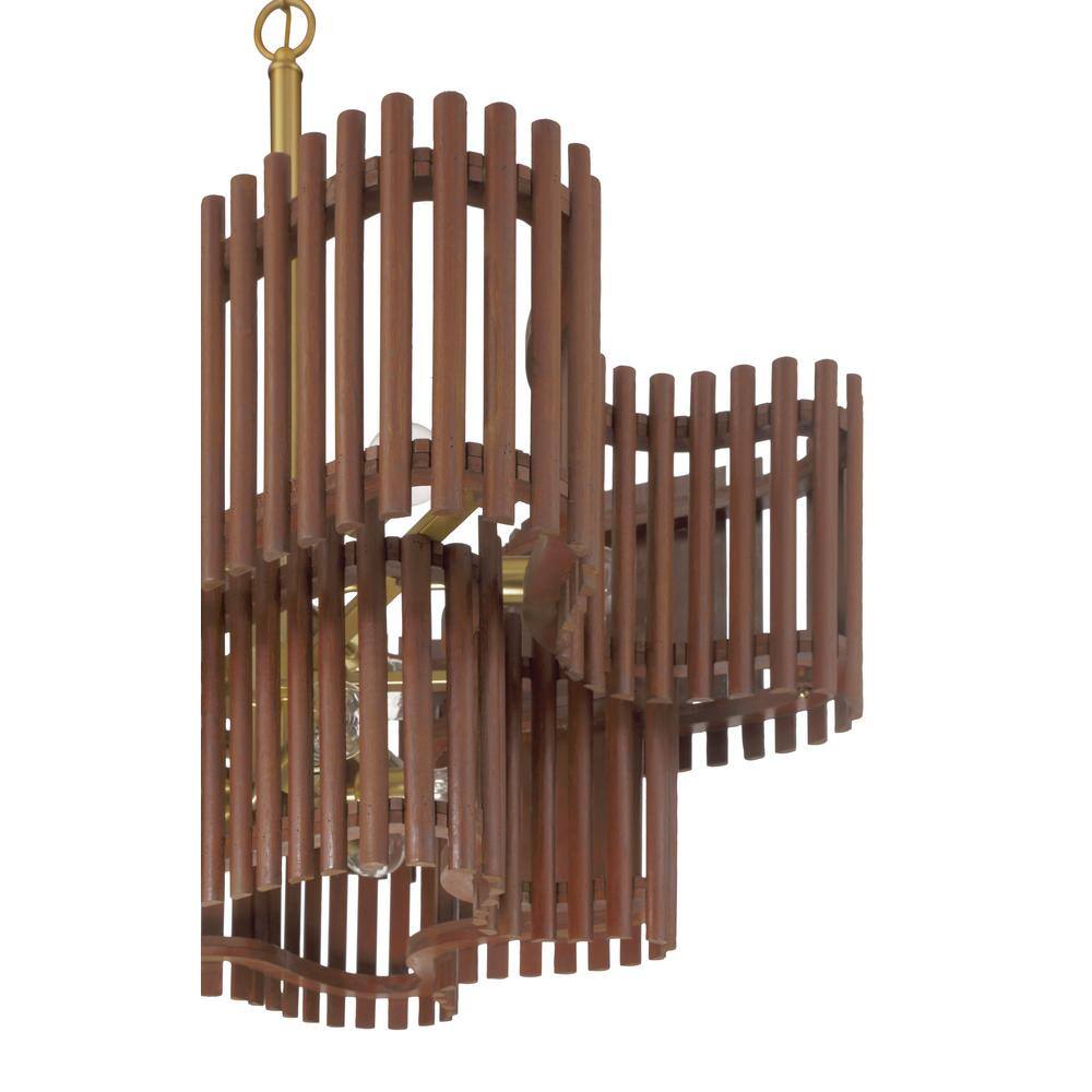 Satin Brass and Walnut 10-Light Wooden Chandelier