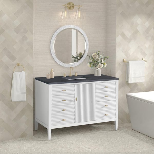 James Martin Vanities Myrrin 48.0 in. W x 23.5 in. D x 34.06 in. H Single Bathroom Vanity Bright White and Charcoal Soapstone Quartz Top