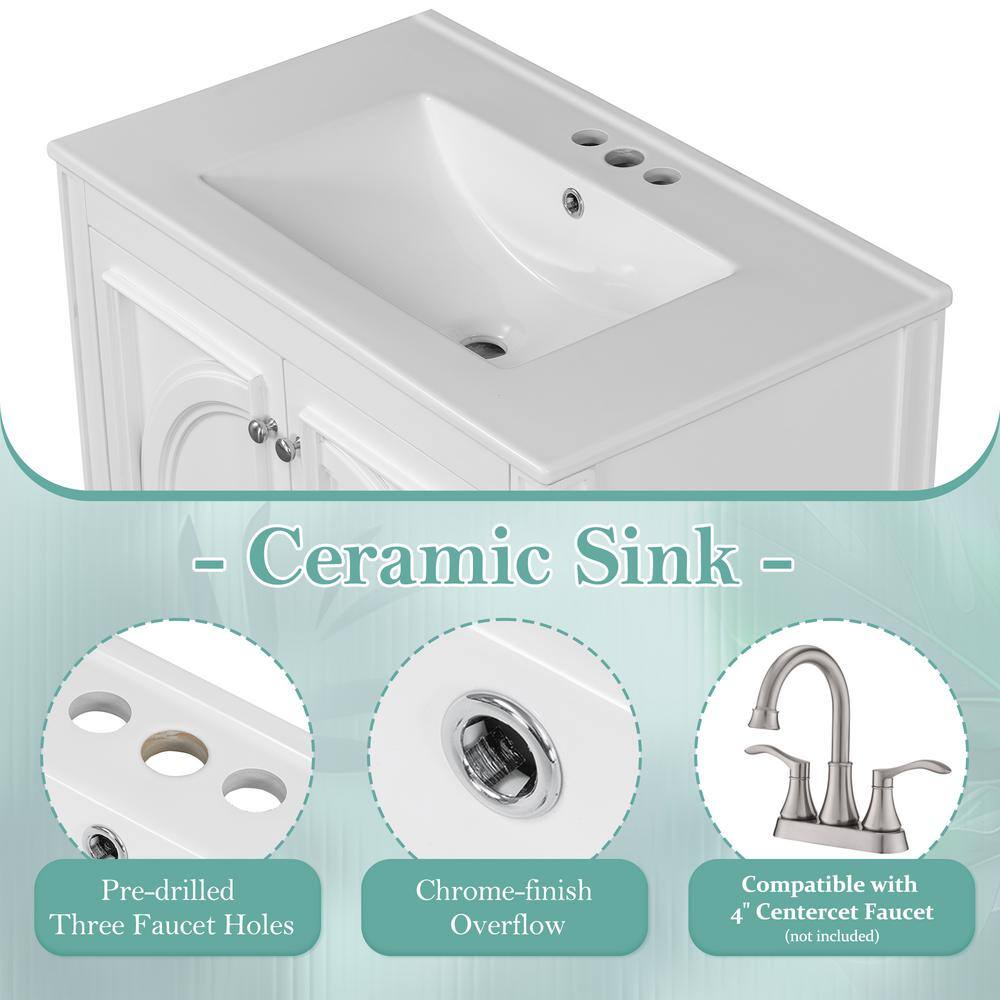 White Rubberwood 30" Bathroom Vanity with Ceramic Sink and Storage