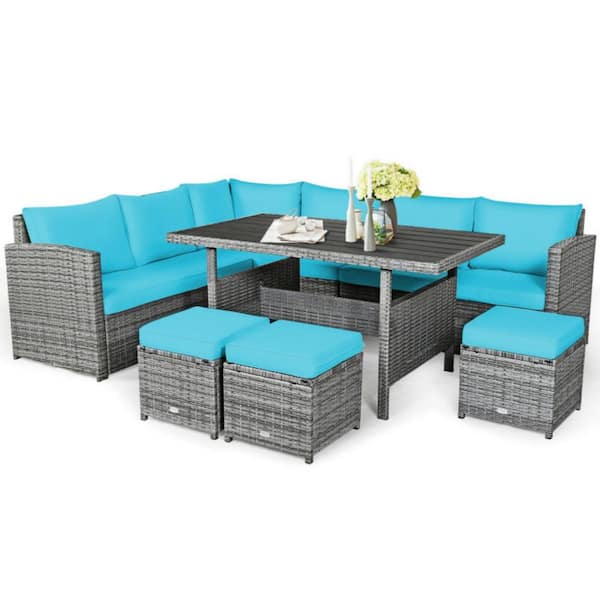 Clihome 7-Piece Wicker Patio Conversation Set Outdoor Sectional Sofa Set with Turquoise Cushions and Dining Table