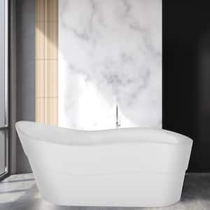 67 in. Acrylic Flatbottom Single Slipper Freestanding Soaking Bathtub in White with Polished Chrome Overflow and Drain