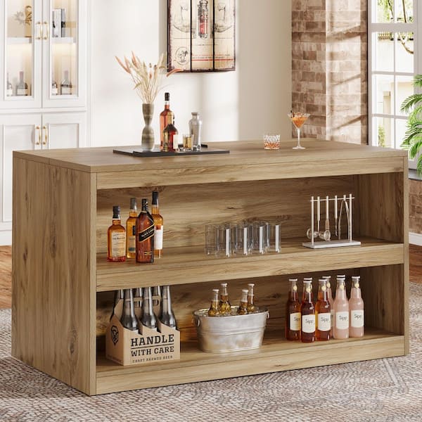 BYBLIGHT Brown 59 in. W Bar Cabinets, Rectangular Home Bar Table