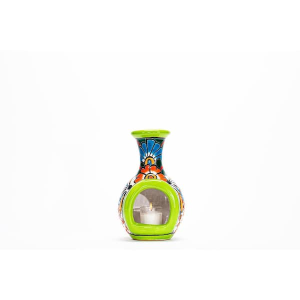Evergreen Enterprises Talavera 9 in. Green Multi-Color Ceramic Chimenea Style Tea Light Holder Planter