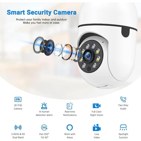 Indoor/Outdoor 4G/5GHz WiFi 2K Light Bulb Security Camera